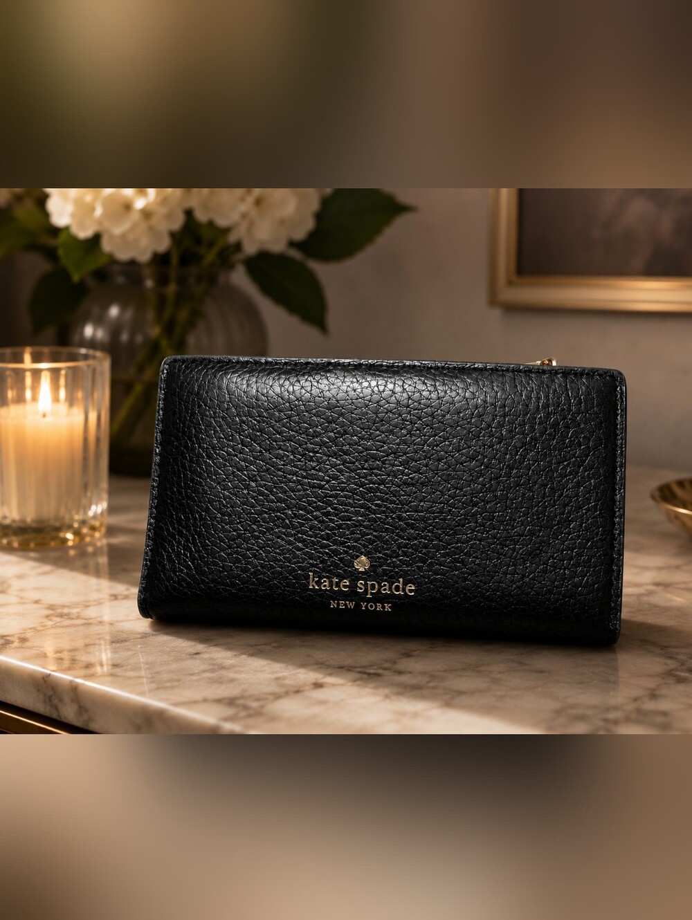 Kate Spade New York Bifold Small Black Pebbled Leather Wallet